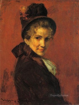 monochrome black white Painting - Portrait of a Woman black bonnet William Merritt Chase